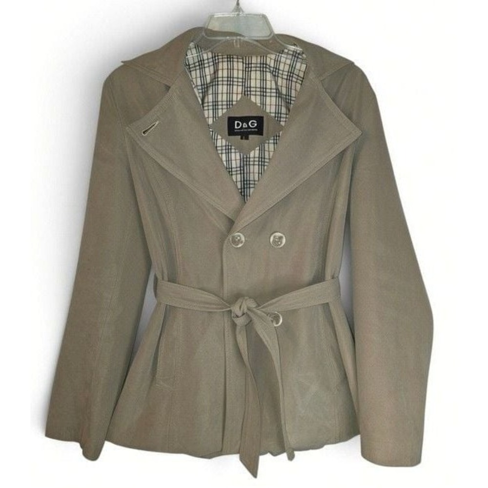 D&G Dolce & Gabbana Beige Plaid Lined Belted Trench Jacket Size L